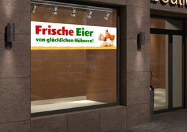PVC-Banner oder Klebefolie FRISCHE EIER VON GLÜCKLICHEN HÜHNERN - 0
