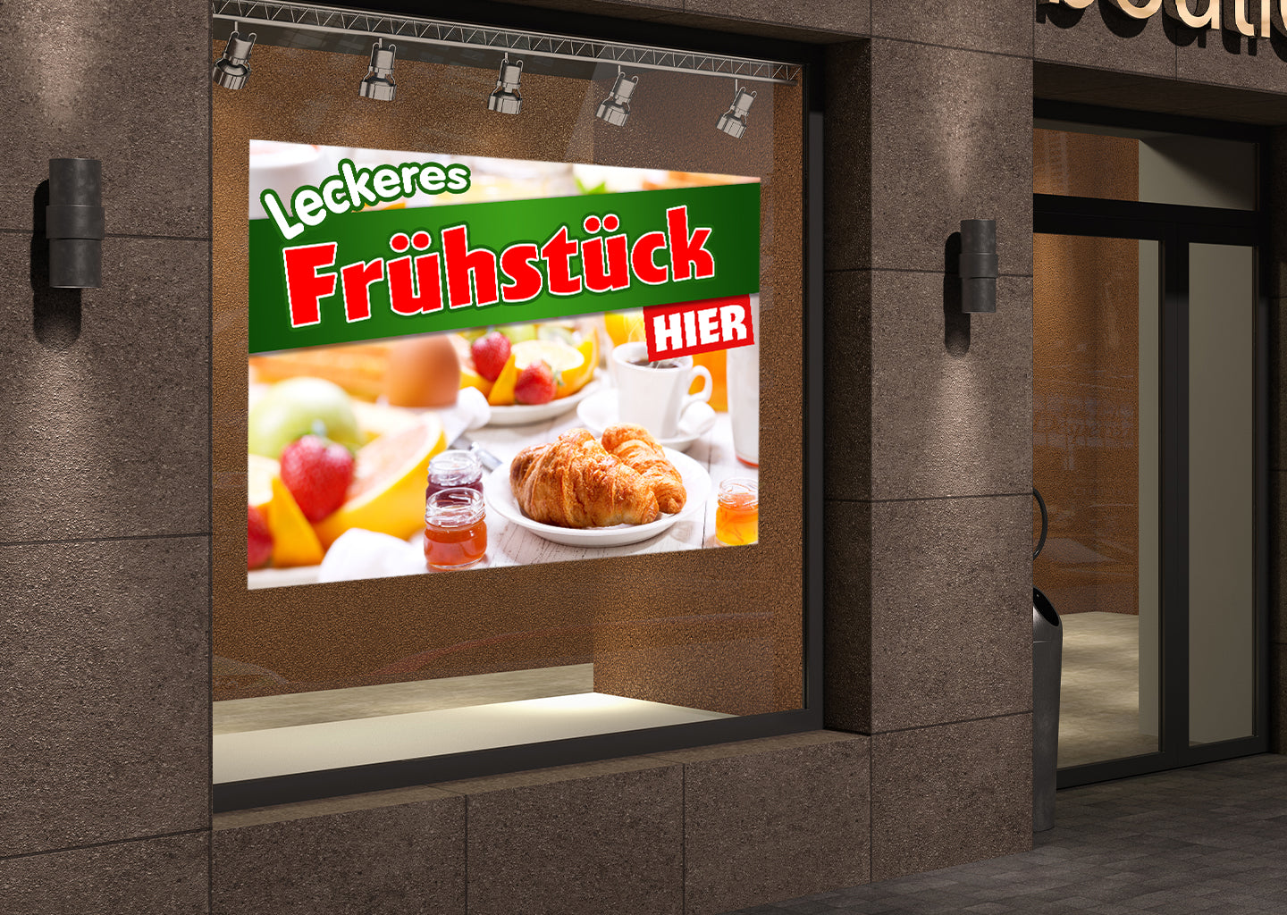 PVC-Banner, Fotokarton oder Klebefolie LECKERES FRÜHSTÜCK - HIER