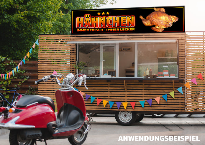 PVC-Banner oder Klebefolie HÄHNCHEN IMMER FRISCH - IMMER LECKER