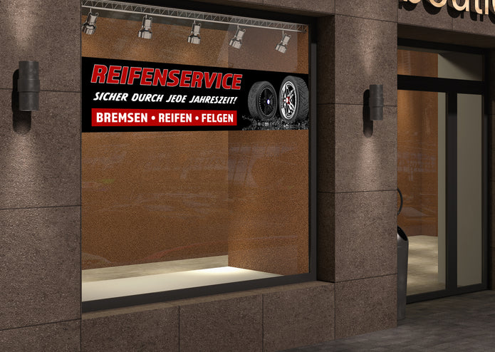 PVC-Banner oder Klebefolie REIFENSERVICE - BREMSEN, REIFEN, FELGEN