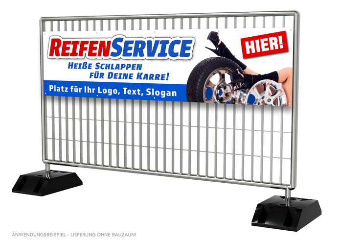 PVC-Banner oder Klebefolie REIFENSERVICE HEIßE SCHLAPPEN personalisierbar