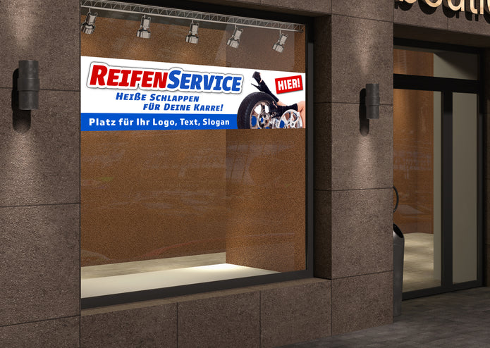 PVC-Banner oder Klebefolie REIFENSERVICE HEIßE SCHLAPPEN personalisierbar