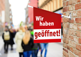 Fahne WIR HABEN GEÖFFNET inkl. Halterung - 0