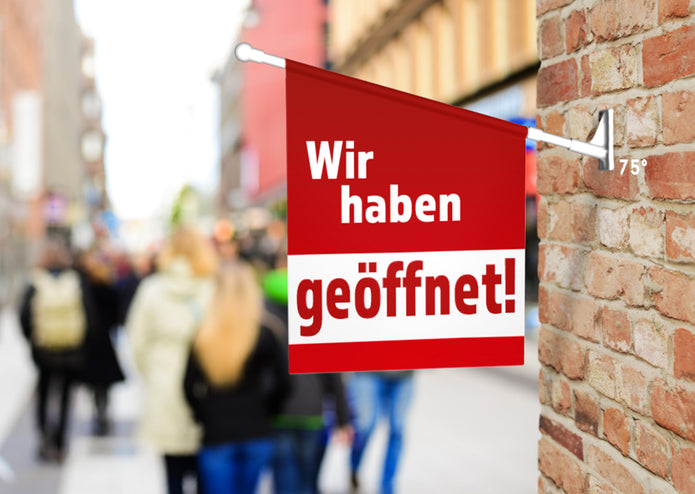 Fahne WIR HABEN GEÖFFNET inkl. Halterung