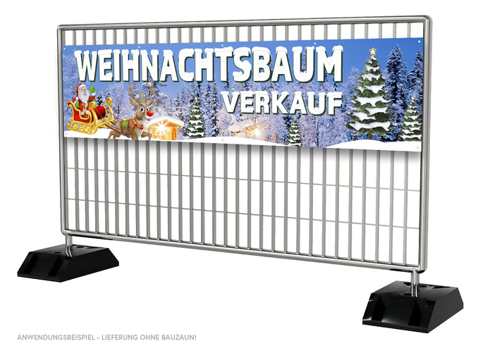 PVC-Banner oder Klebefolie WEIHNACHTSBAUM VERKAUF Schneelandschaft mit Hütte