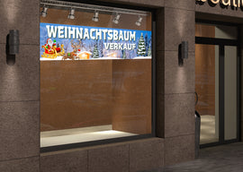 PVC-Banner oder Klebefolie WEIHNACHTSBAUM VERKAUF Schneelandschaft mit Hütte - 0