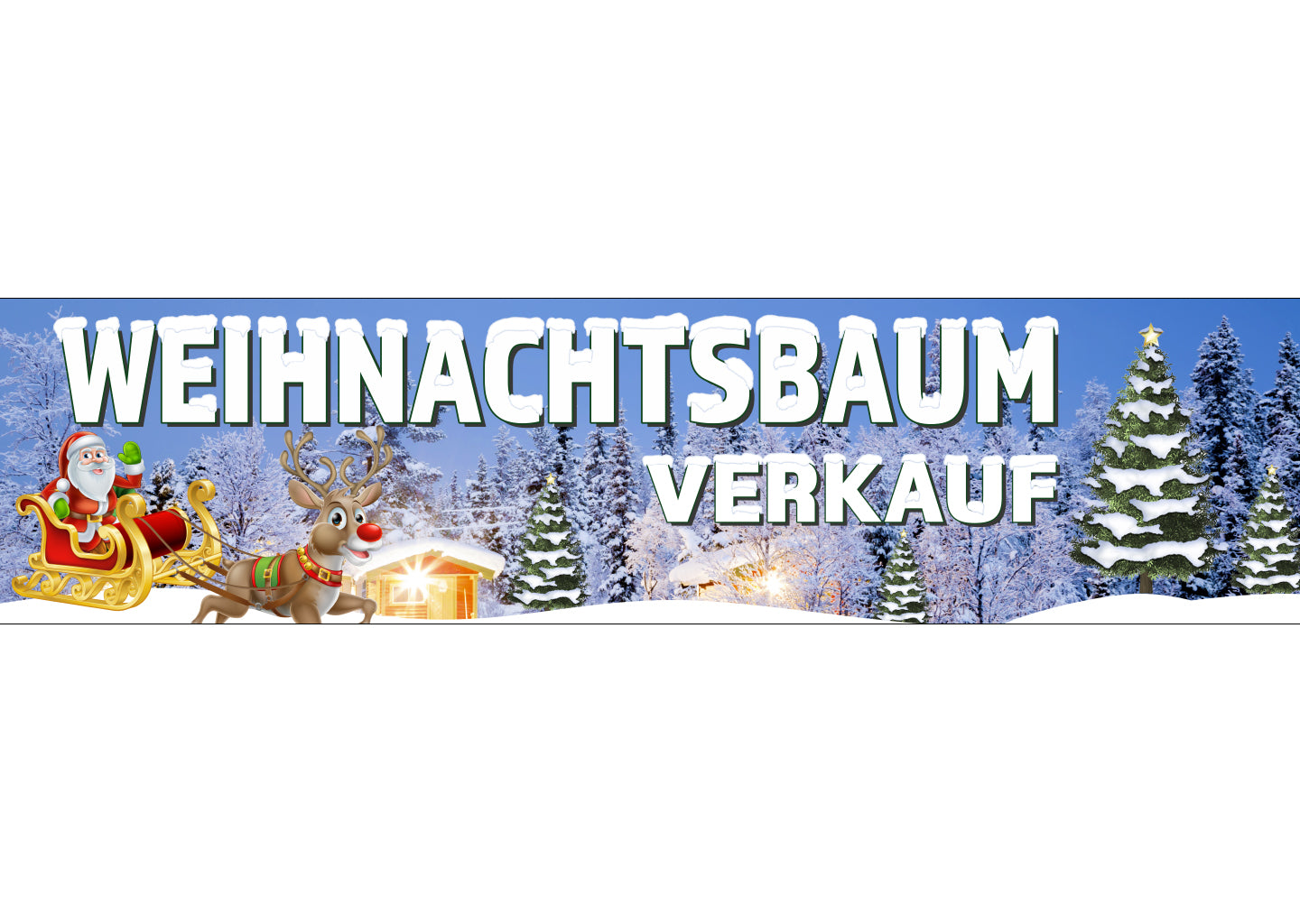 PVC-Banner oder Klebefolie WEIHNACHTSBAUM VERKAUF Schneelandschaft mit Hütte-1