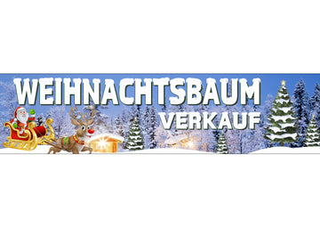 PVC-Banner oder Klebefolie WEIHNACHTSBAUM VERKAUF Schneelandschaft mit Hütte
